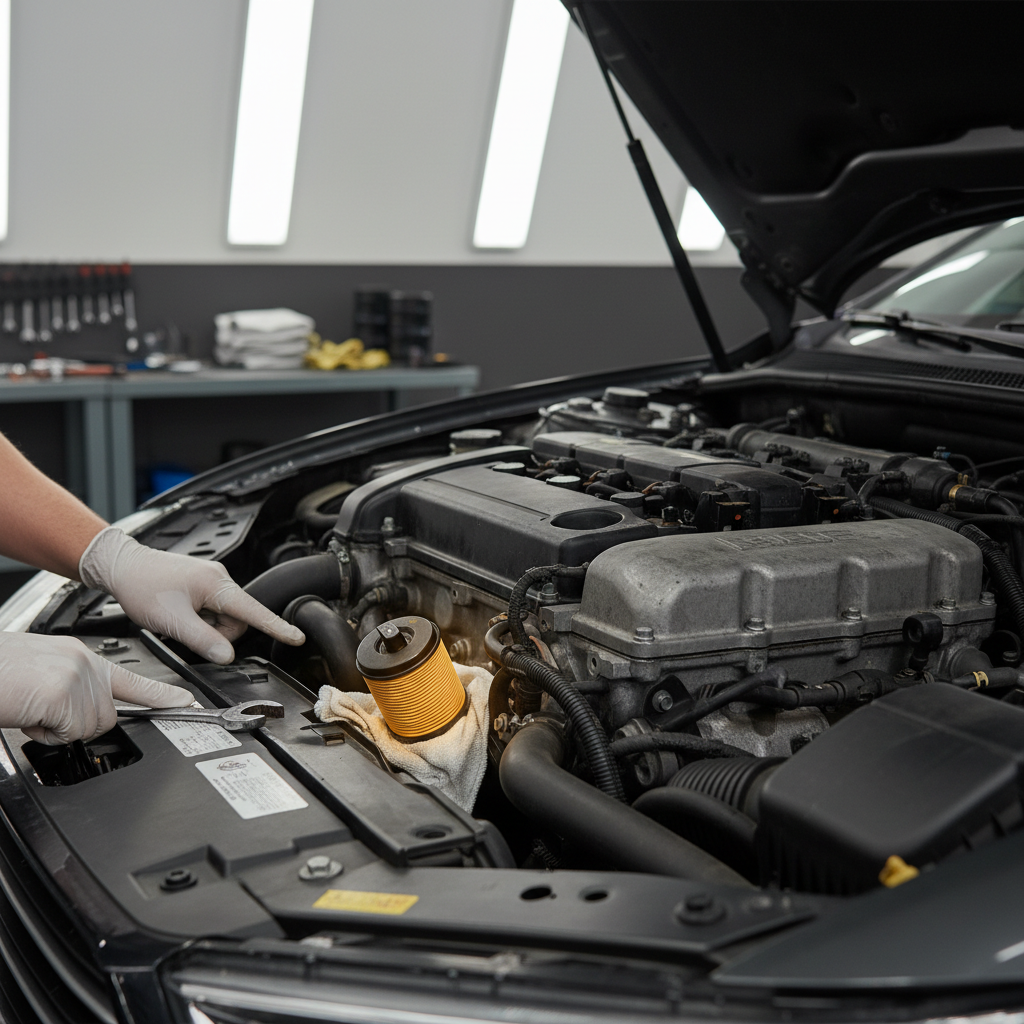 High mileage car engine bay with oil filter location highlighted