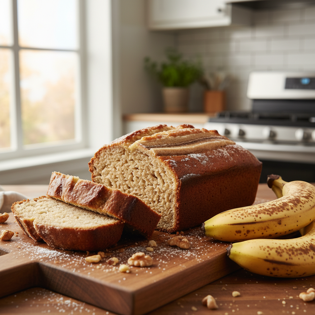 Moist banana bread loaf with ripe bananas and sliced pieces on a cutting board
