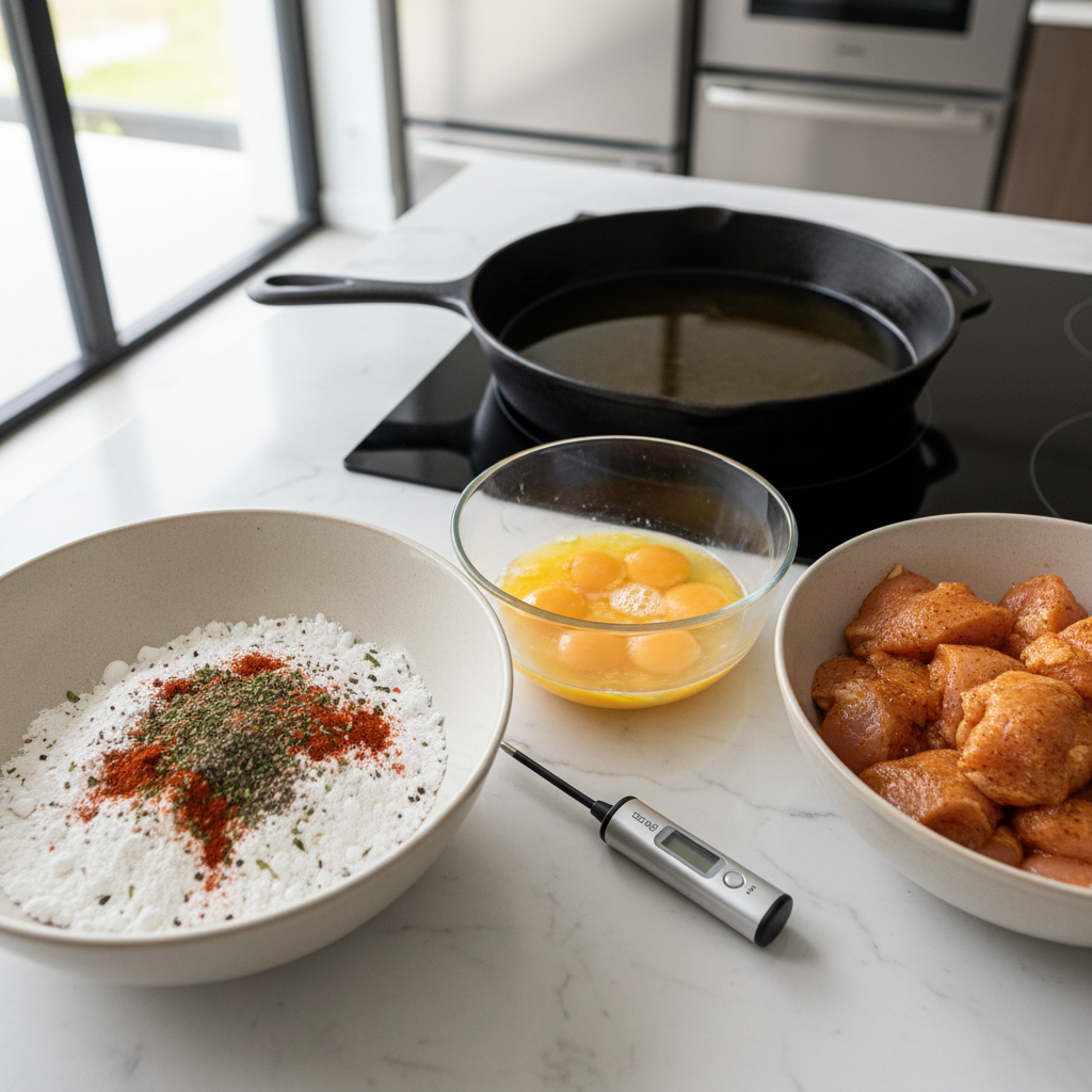 Flourless fried chicken setup with starch bowl, egg wash, and thermometer