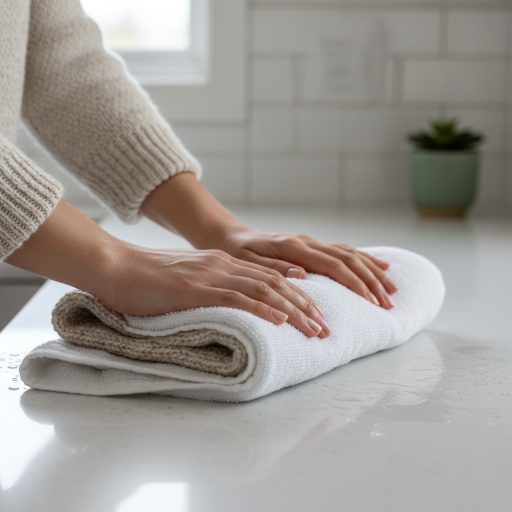 Rolling a hand-washed sweater in a towel to remove water without wringing