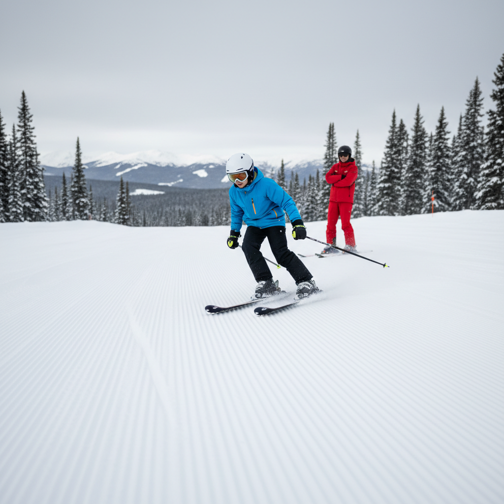 Beginner skier practicing a controlled stop on a groomed green trail