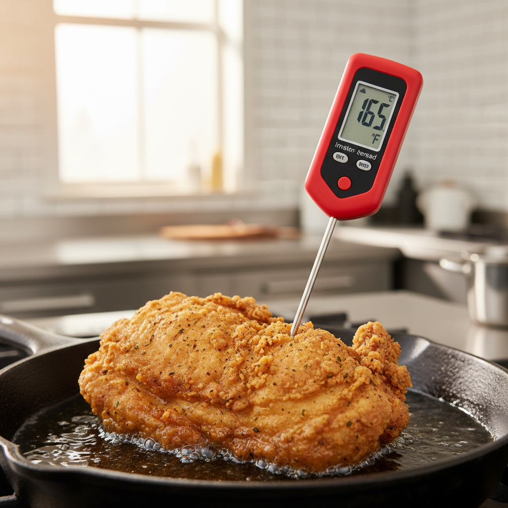 Checking fried chicken temperature with an instant-read thermometer