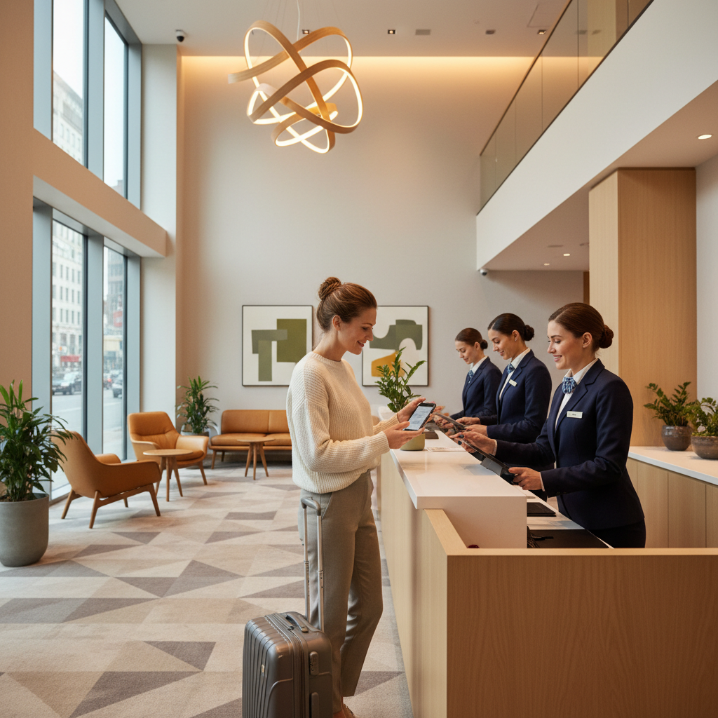 Solo female traveler checking into a hotel with luggage in a well-lit lobby