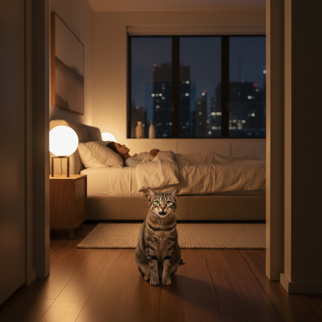 Cat meowing at night in a bedroom doorway