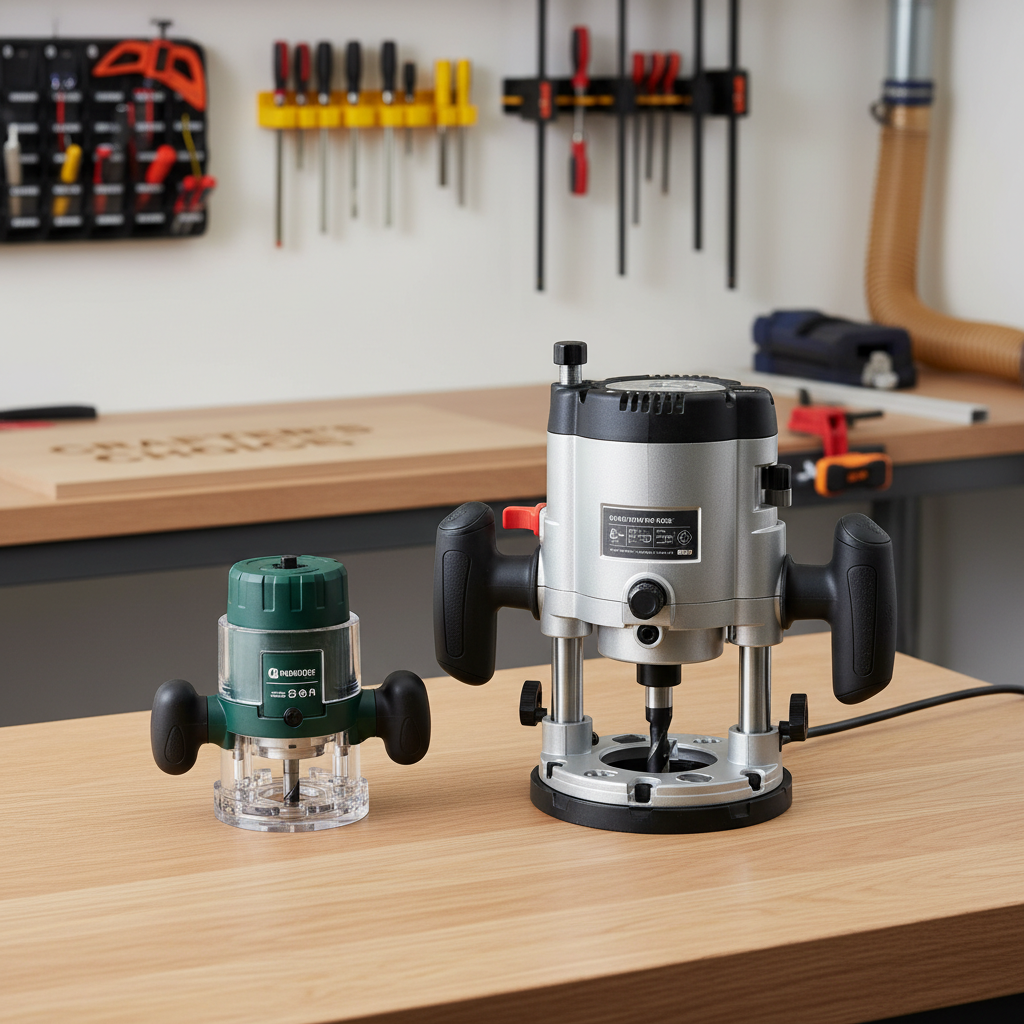 Comparison of trim router and plunge router for woodworking signs on a workbench