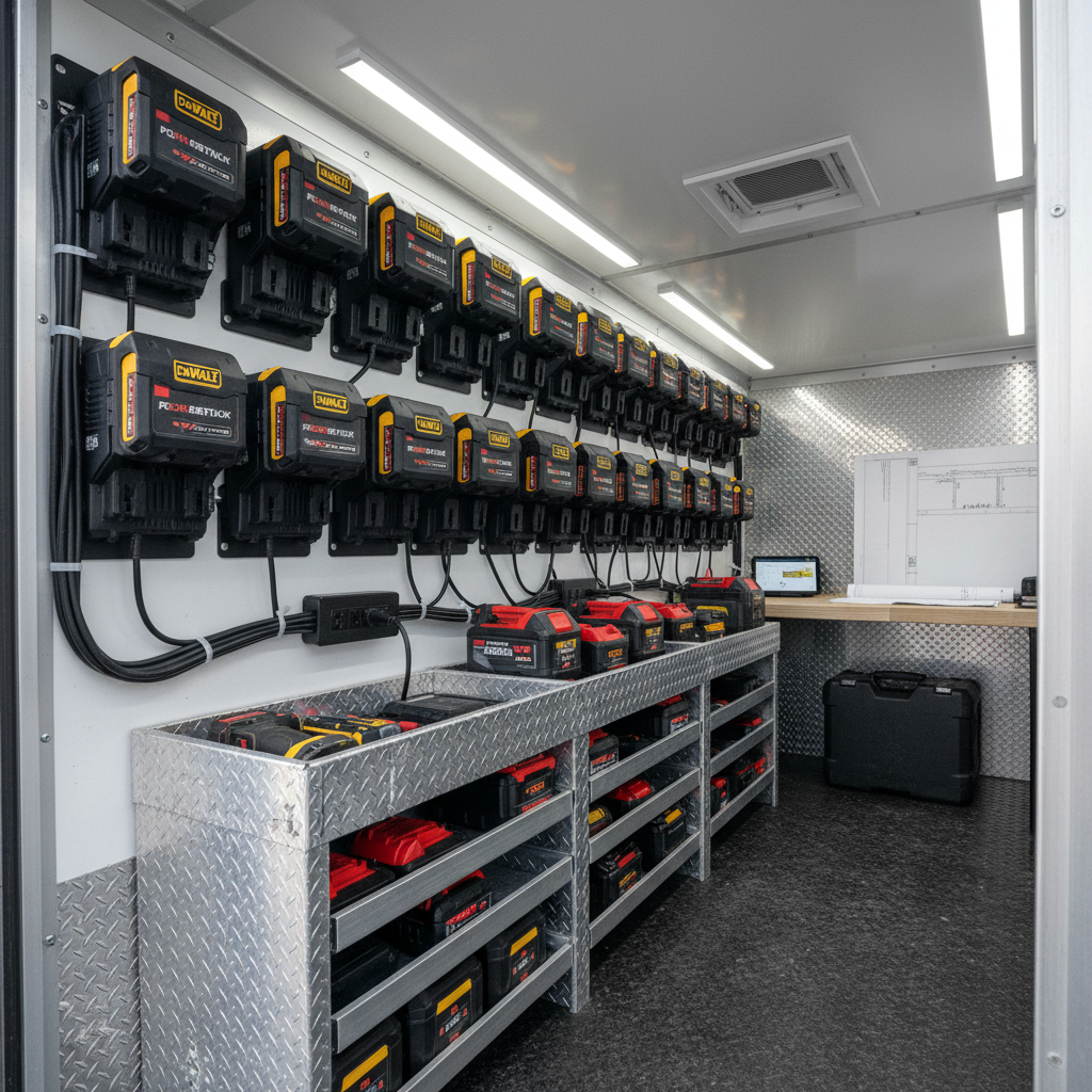 Organized charging station in a contractor trailer with labeled battery packs