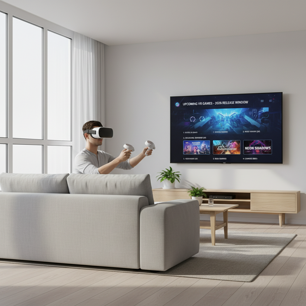 VR gamer browsing upcoming VR game announcements for 2026