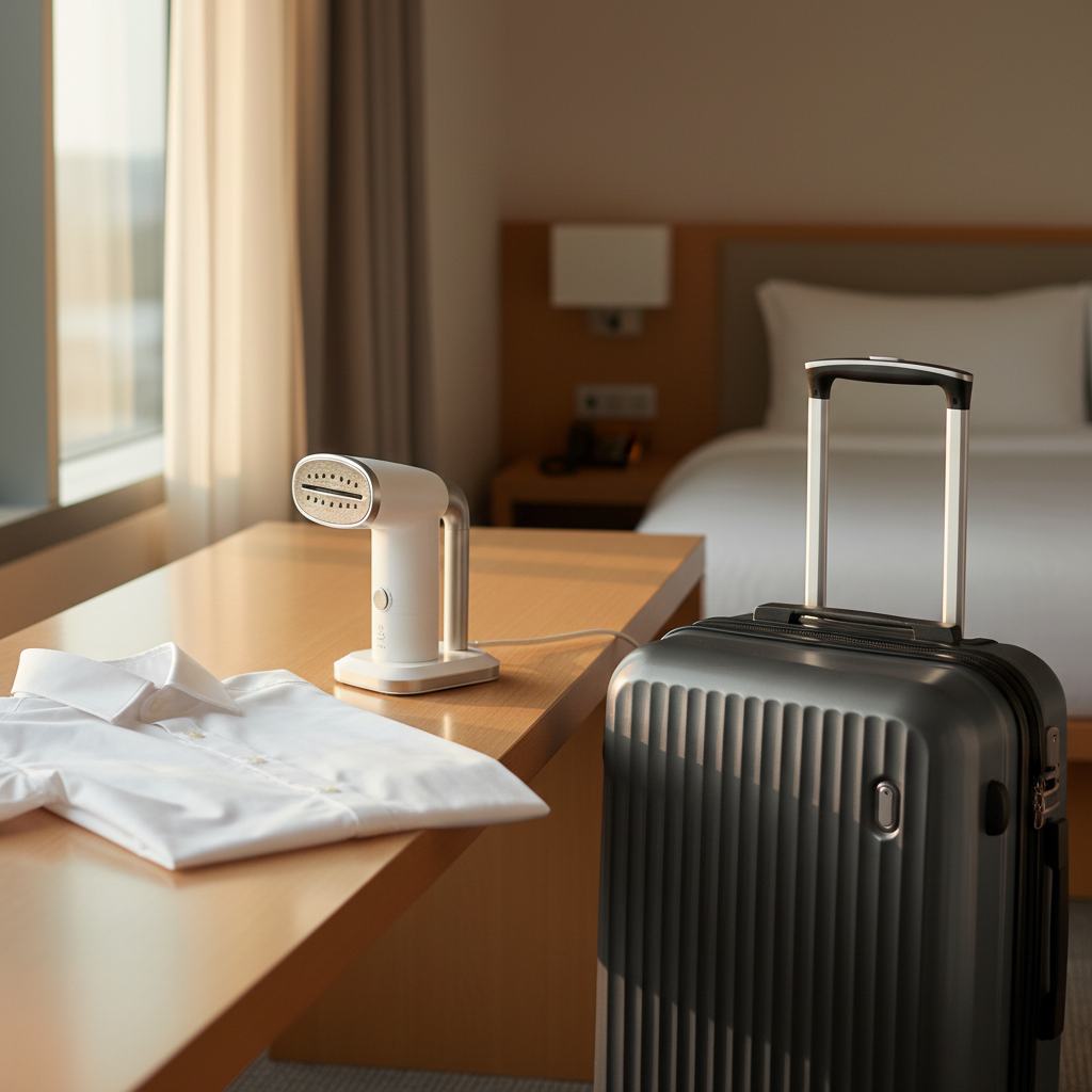 Portable travel clothes steamer on a hotel desk next to a wrinkled dress shirt and carry-on