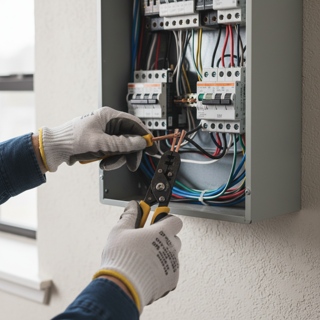 Electrician using a wire stripper on THHN conductors at a service panel