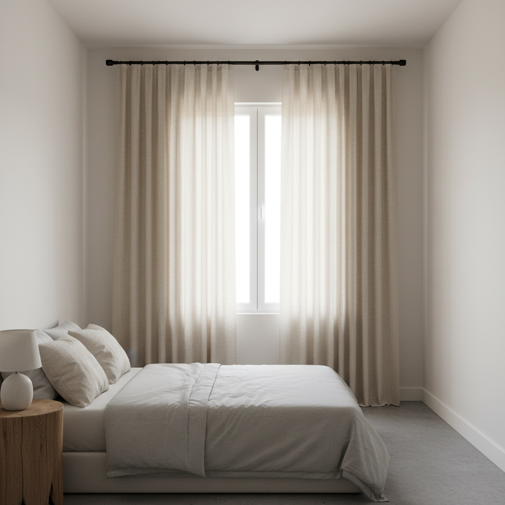 Curtain rod mounted near ceiling to make a small bedroom look taller