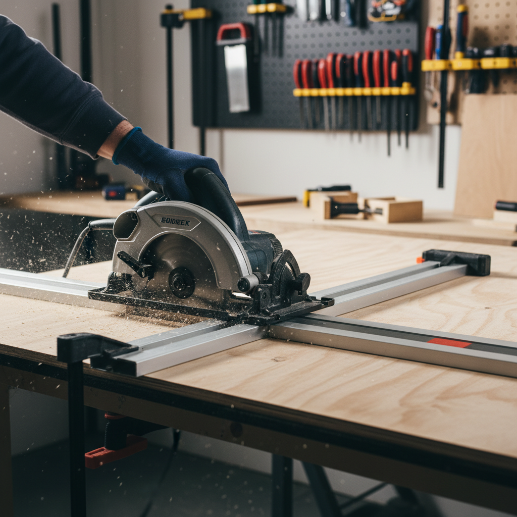 Circular saw making a straight cut along a clamped guide on plywood