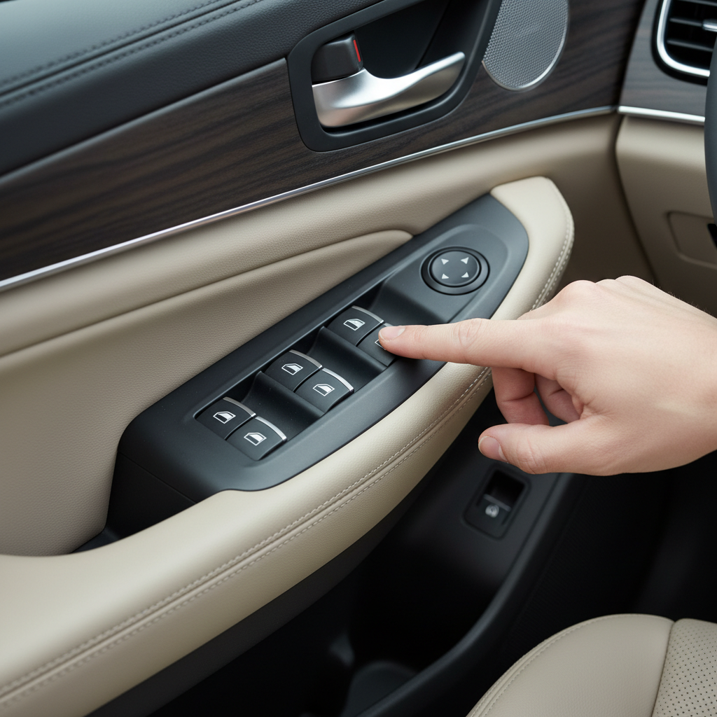 Driver testing a power window switch on a car door panel