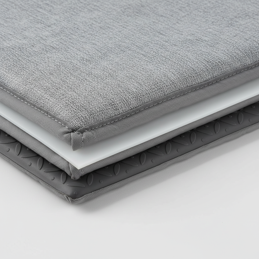 Close-up of waterproof pet mat layers showing sealed edge and non-slip backing