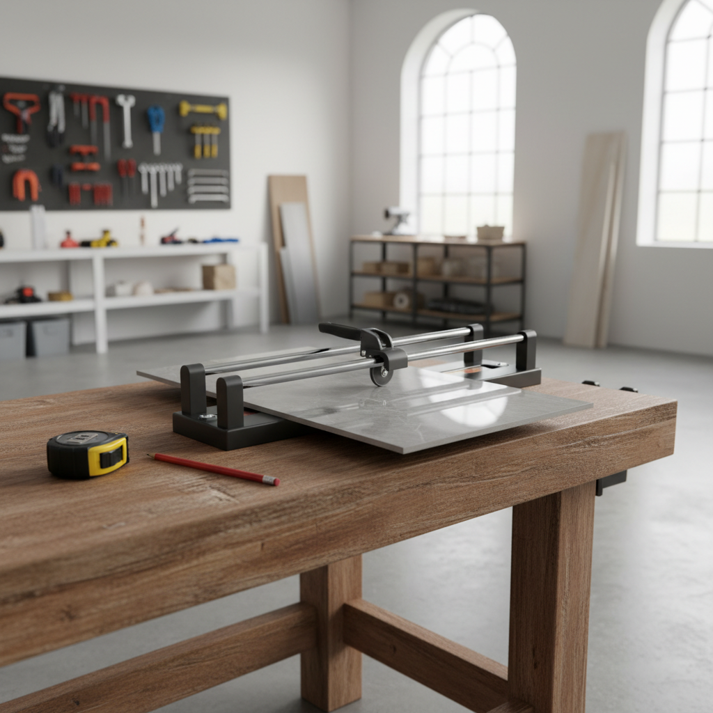 Manual tile cutter set up on a workbench for cutting ceramic tile