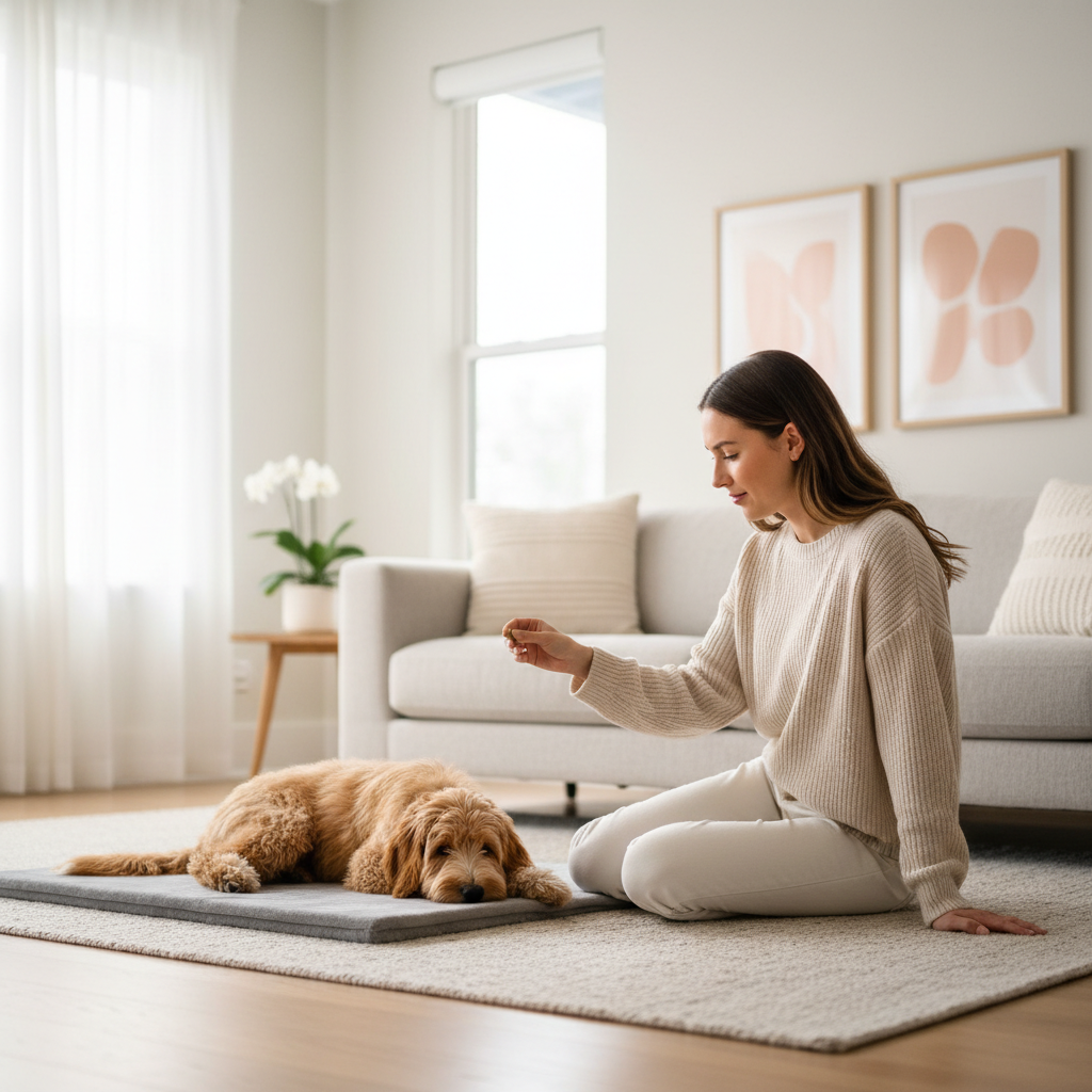 Owner teaching puppy to settle on a mat with treats in a calm home setting