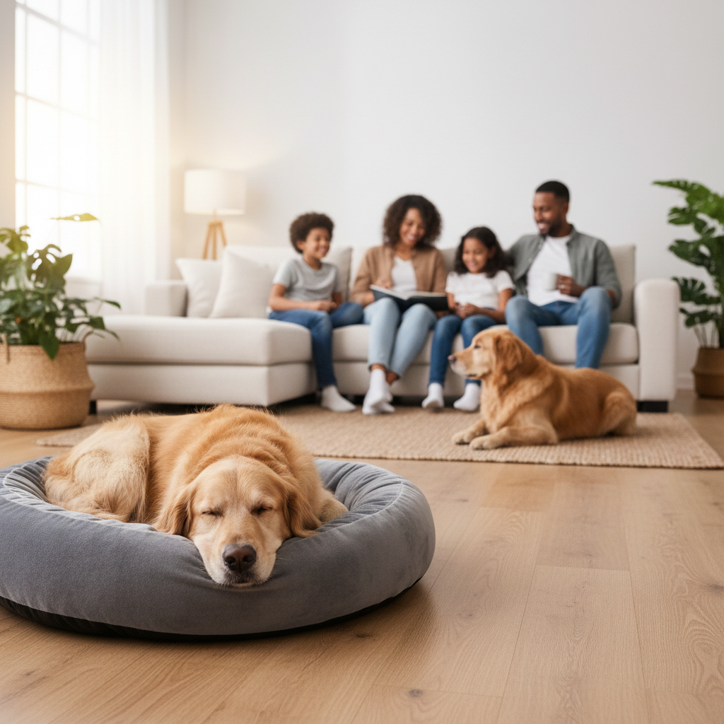 Calm dog resting on its own bed while family sits on sofa in a tidy living room