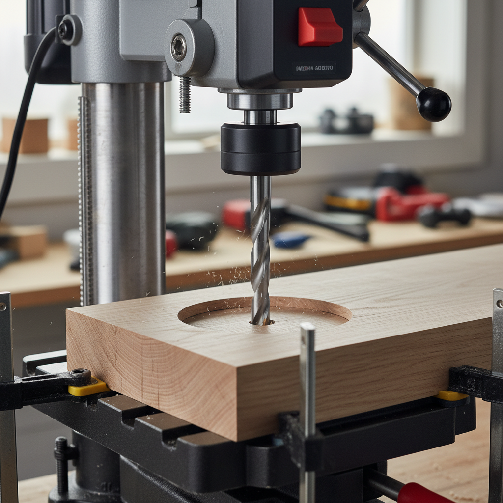 Forstner bit drilling a clean flat-bottom hole in hardwood on a drill press
