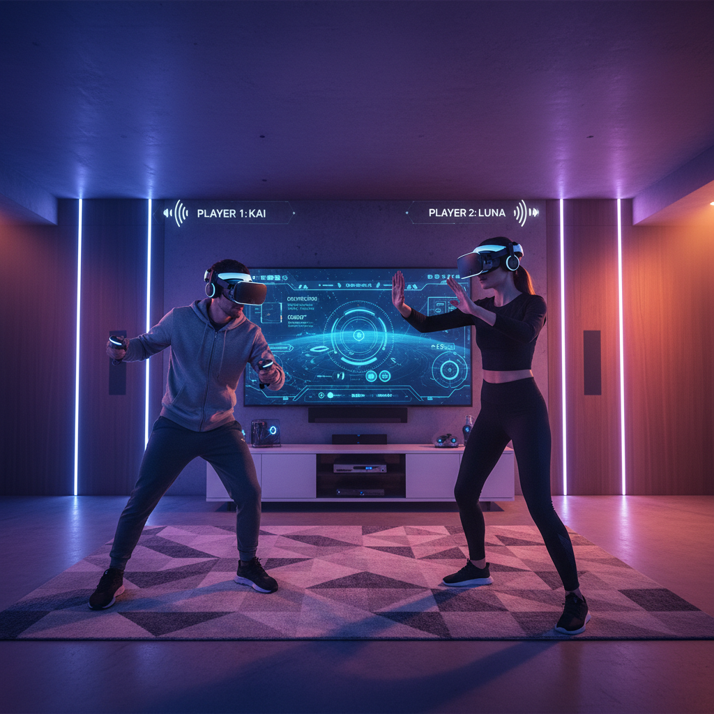 VR players coordinating a co-op mission with voice chat and on-screen objectives