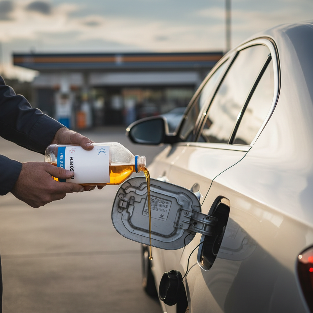 Fuel injector cleaner additive being poured into a car gas tank