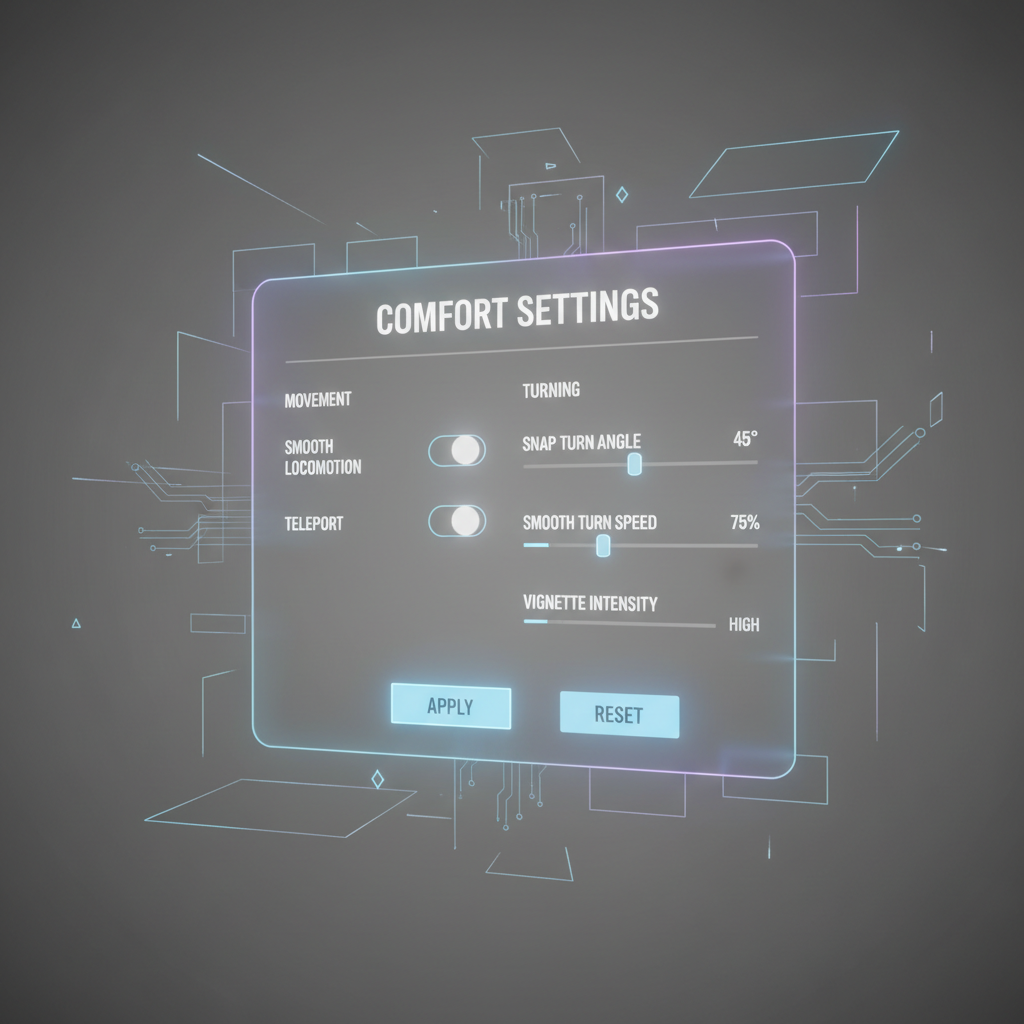 Comfort settings menu in a VR FPS showing snap turn, vignette, and locomotion options