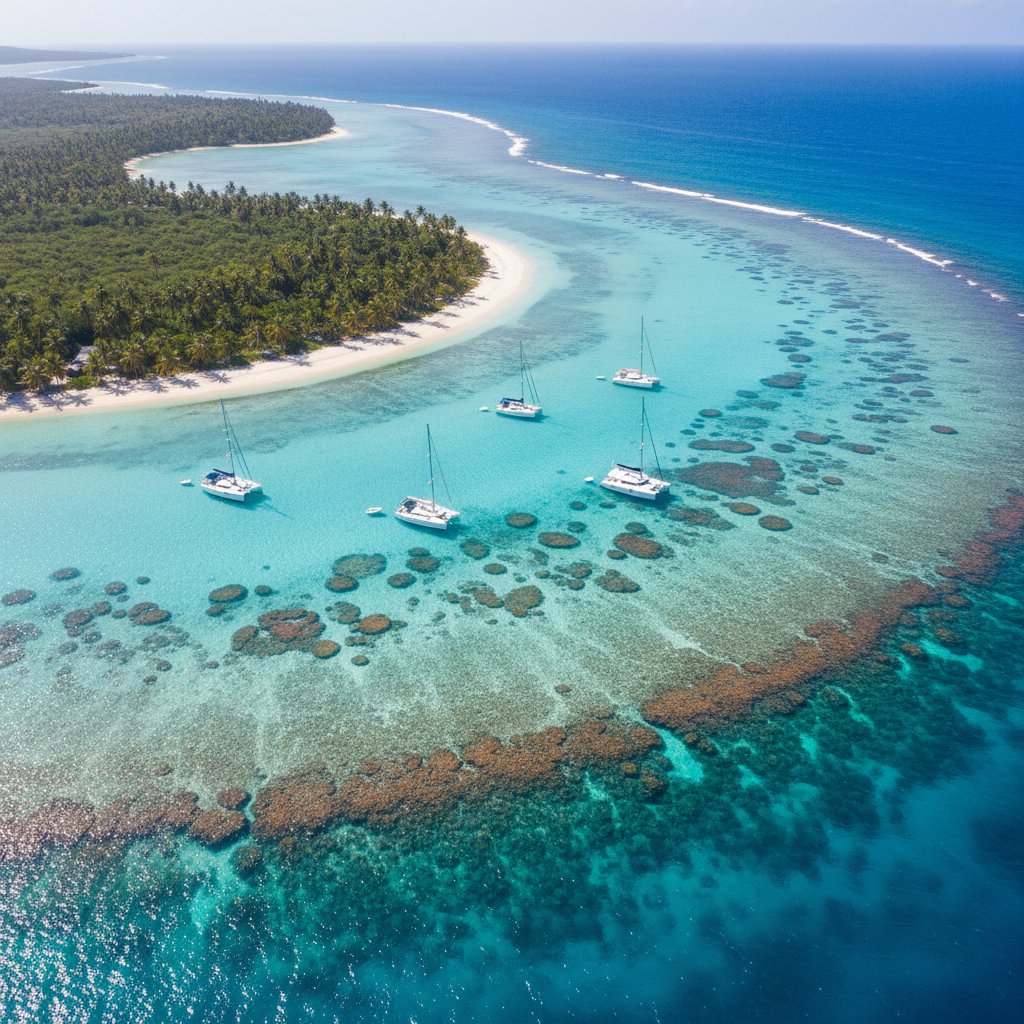 Aerial view of a clear-water island lagoon with boats and a beach