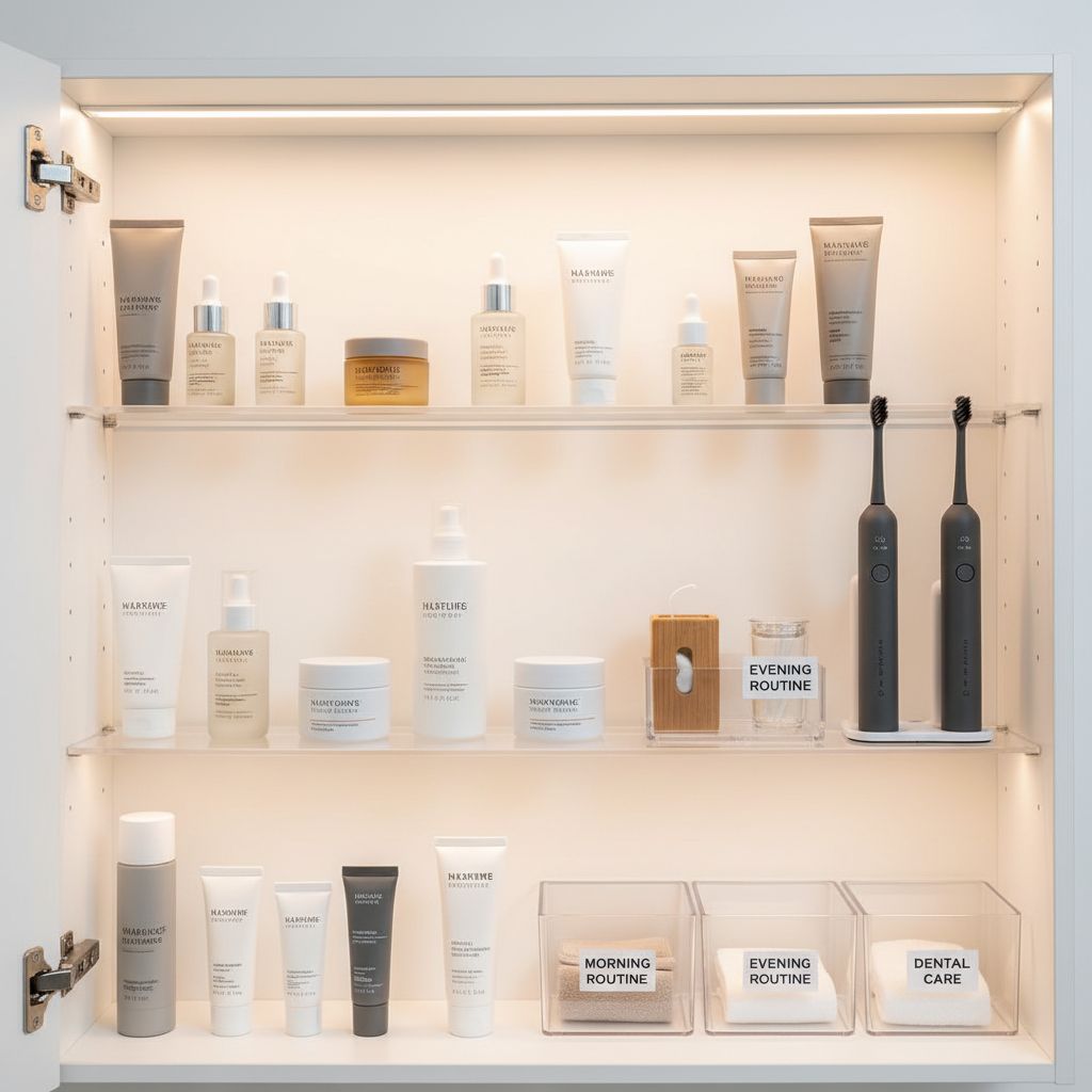 Medicine cabinet organization for a small bathroom mirror area