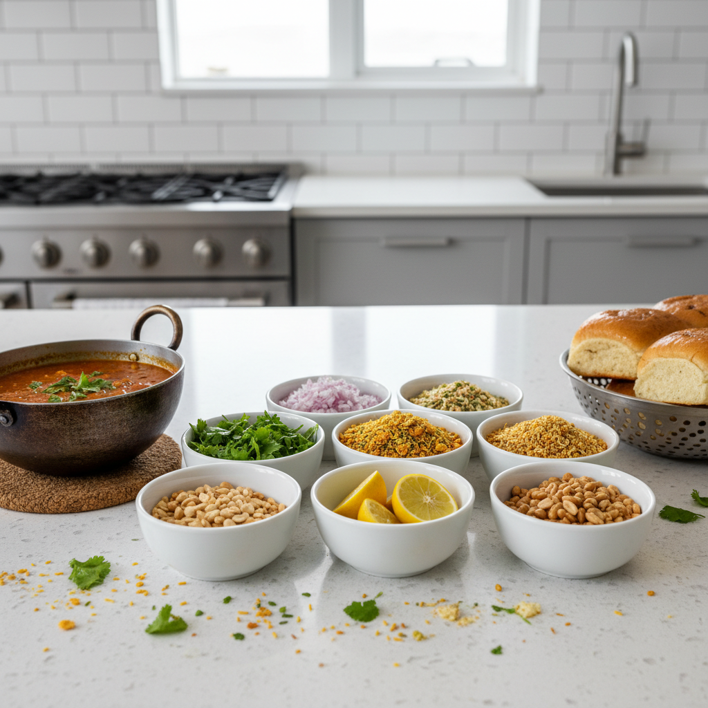 Misal pav toppings setup with onions, cilantro, lemon, farsan and bowls