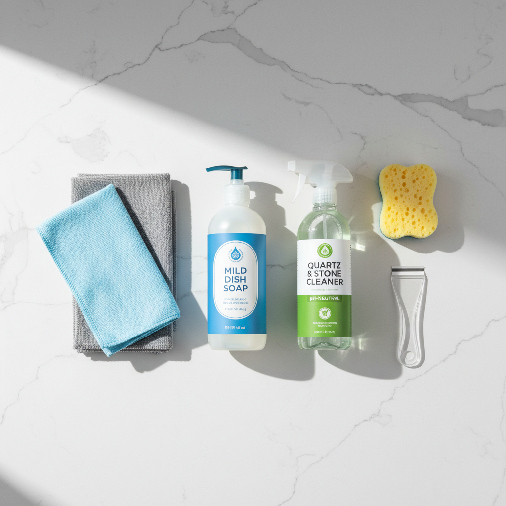 Quartz countertop cleaning products laid out: mild dish soap, pH-neutral cleaner, microfiber cloths