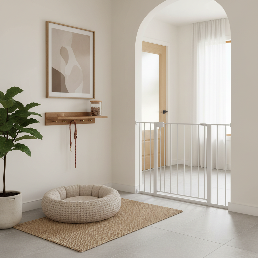 Entryway setup with baby gate, treat jar, and mat for door barking training