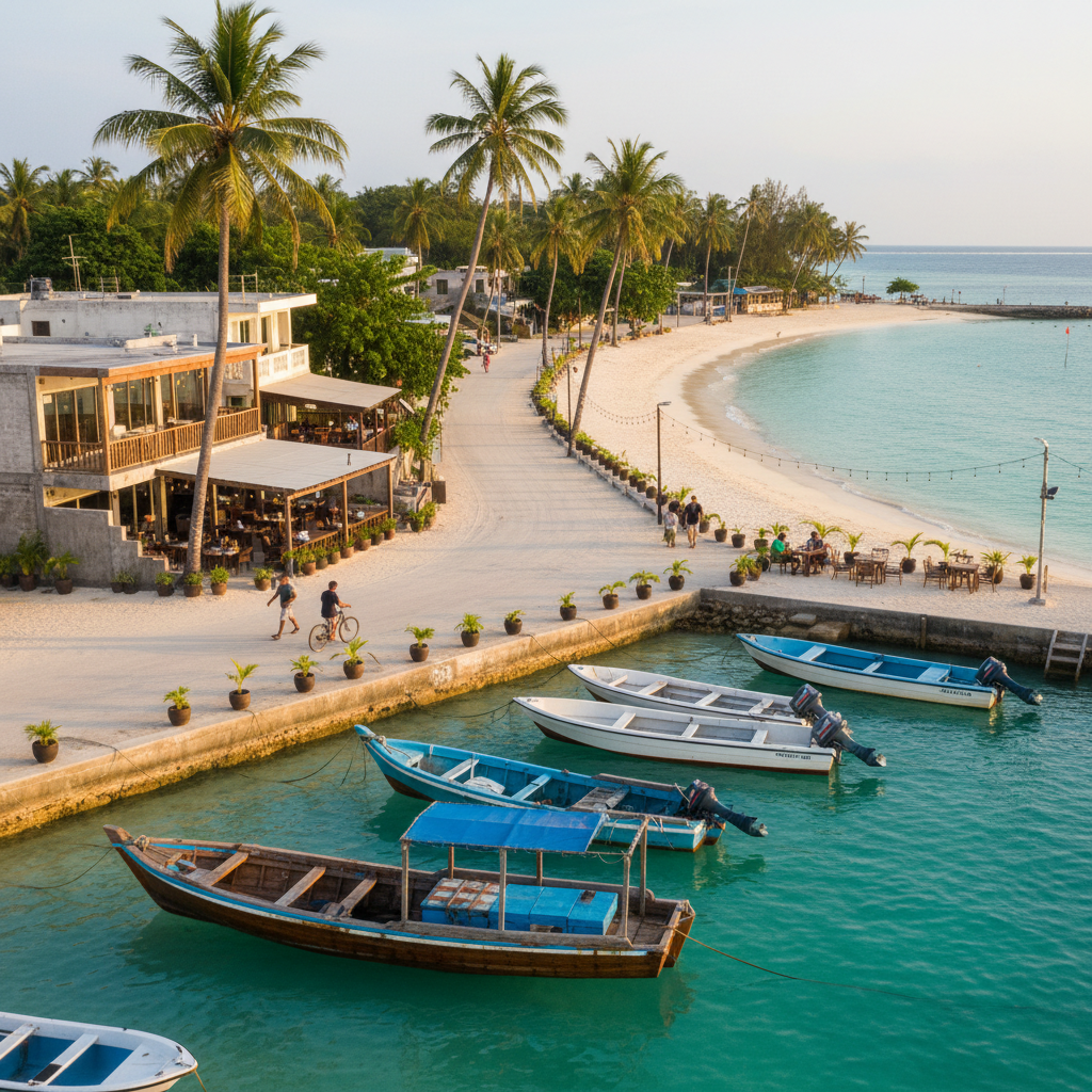 Maldives local island guesthouse area with beach and small harbor