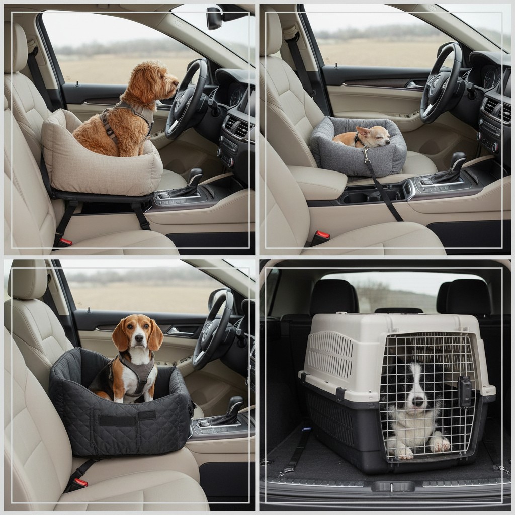 Comparison of dog car seat types: booster, console seat, bucket seat, travel crate in a car interior