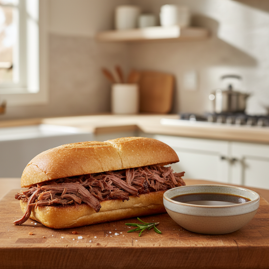 French dip sandwich with slow cooker beef and au jus