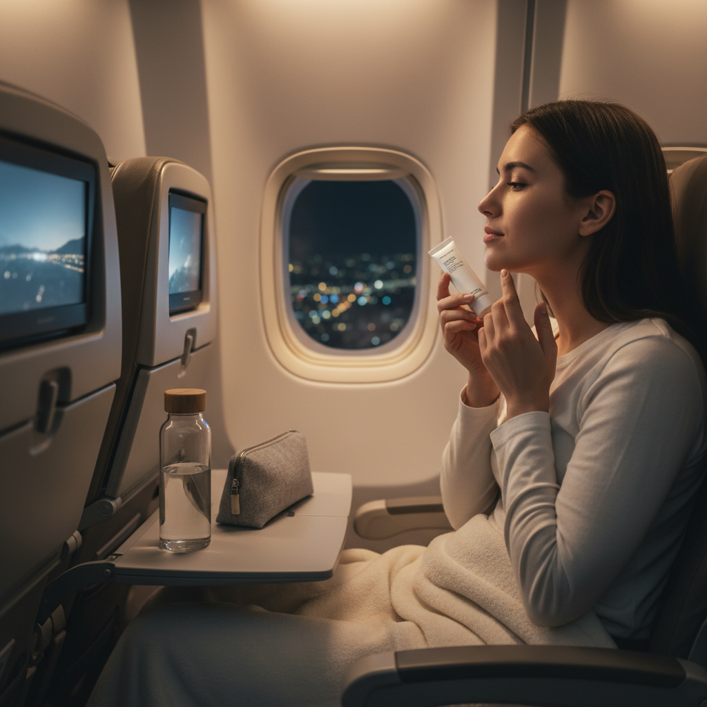 In-flight skincare routine to keep skin hydrated while traveling on an airplane