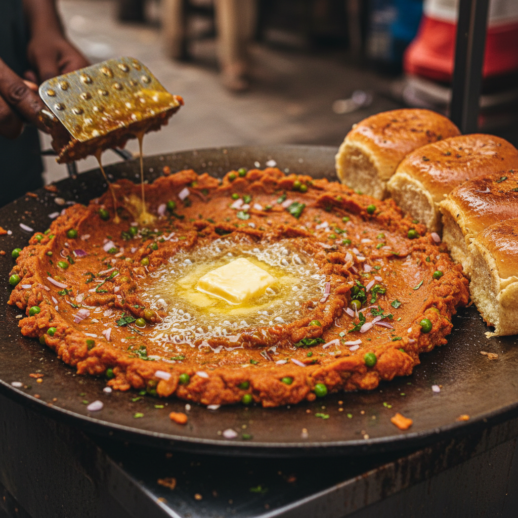 Mumbai street-style pav bhaji on a hot flat griddle with butter