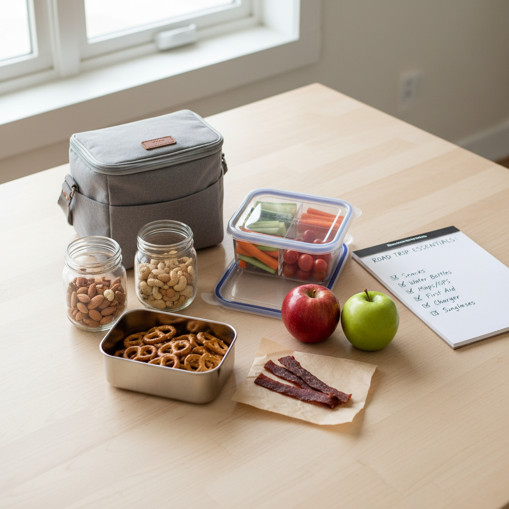 Healthy road trip snack table with portioned containers and checklist