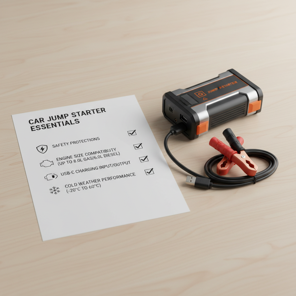 Checklist comparing jump starter features like safety protections and engine size fit