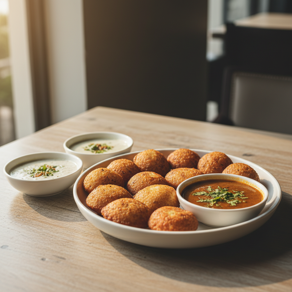 Serving plate of paniyaram with coconut chutney and sambar