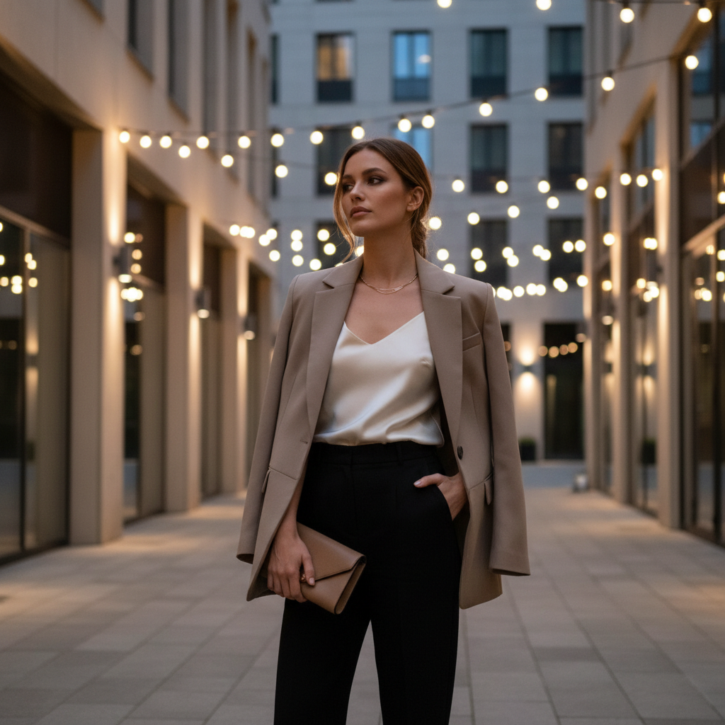 Date night outfit idea with black trousers and a blazer