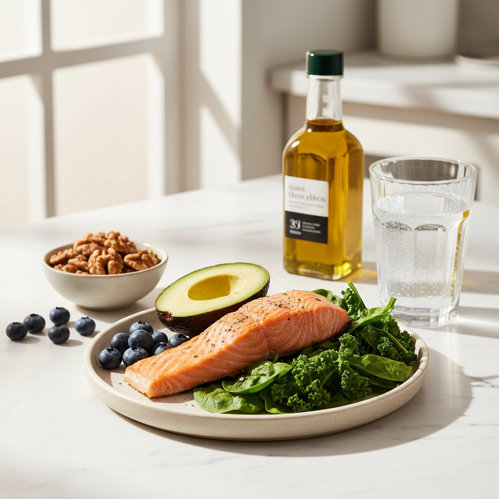 Healthy foods for glowing skin like salmon, avocado, berries, and leafy greens on a kitchen table