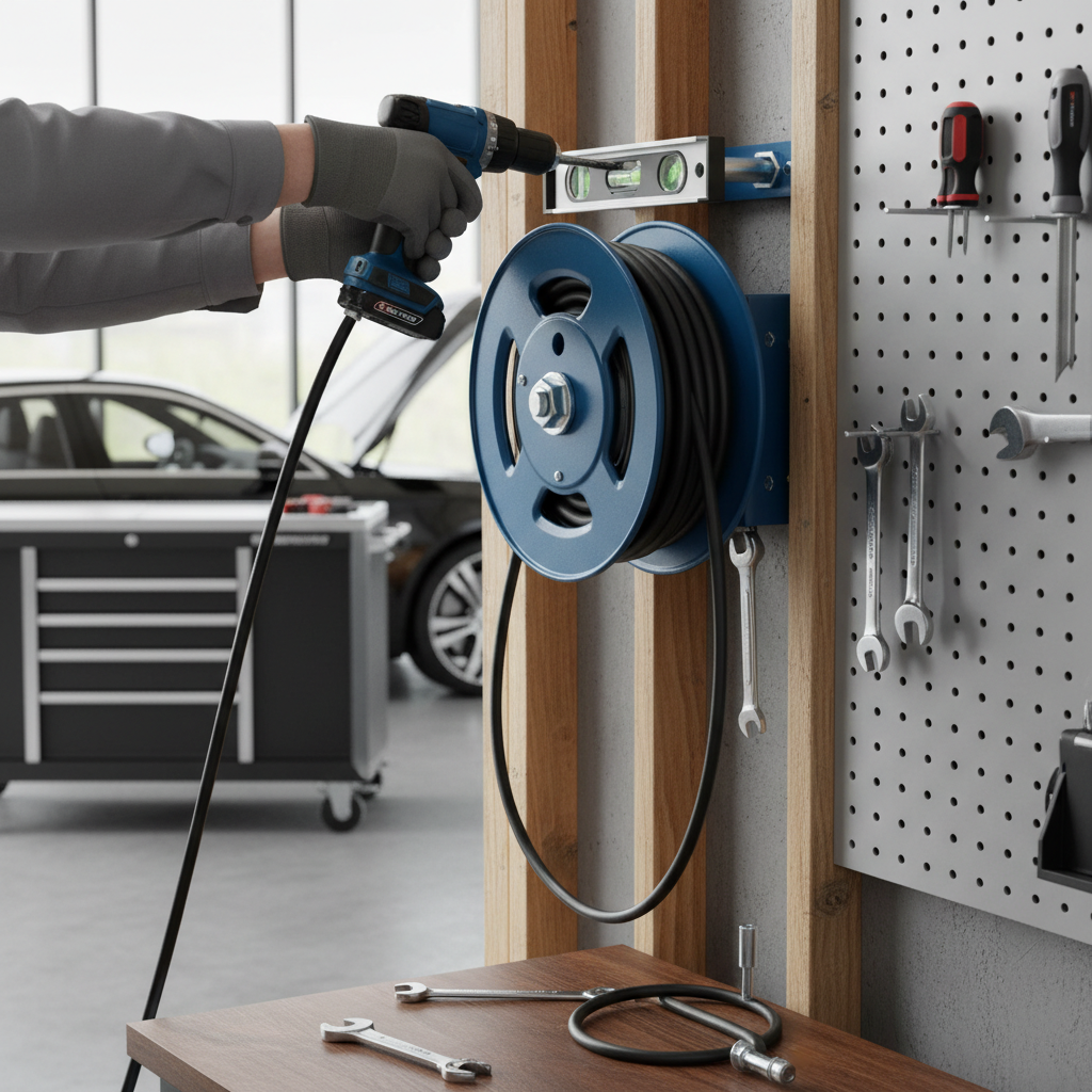 Technician installing a garage air hose reel into wall studs with proper hardware