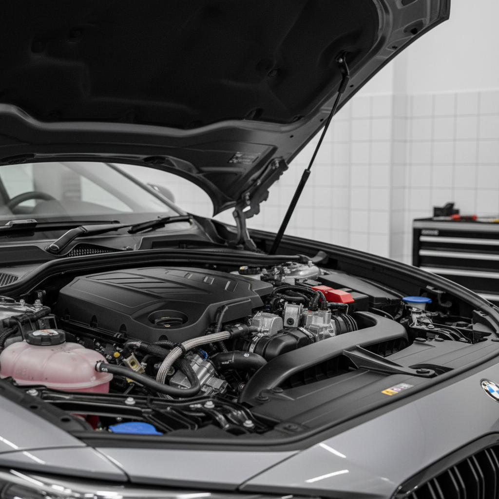 Car hood prop rod holding hood open in an engine bay