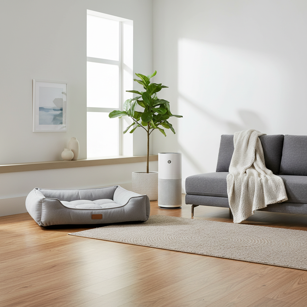 Room-by-room pet odor control: living room with washable dog bed and air purifier