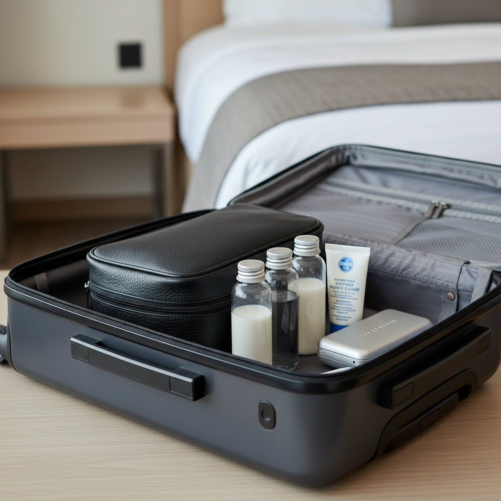 Leak-proof travel bottles inside a men’s dopp kit in a suitcase