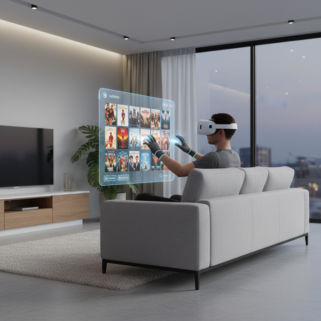 VR headset user browsing media apps on a virtual theater interface