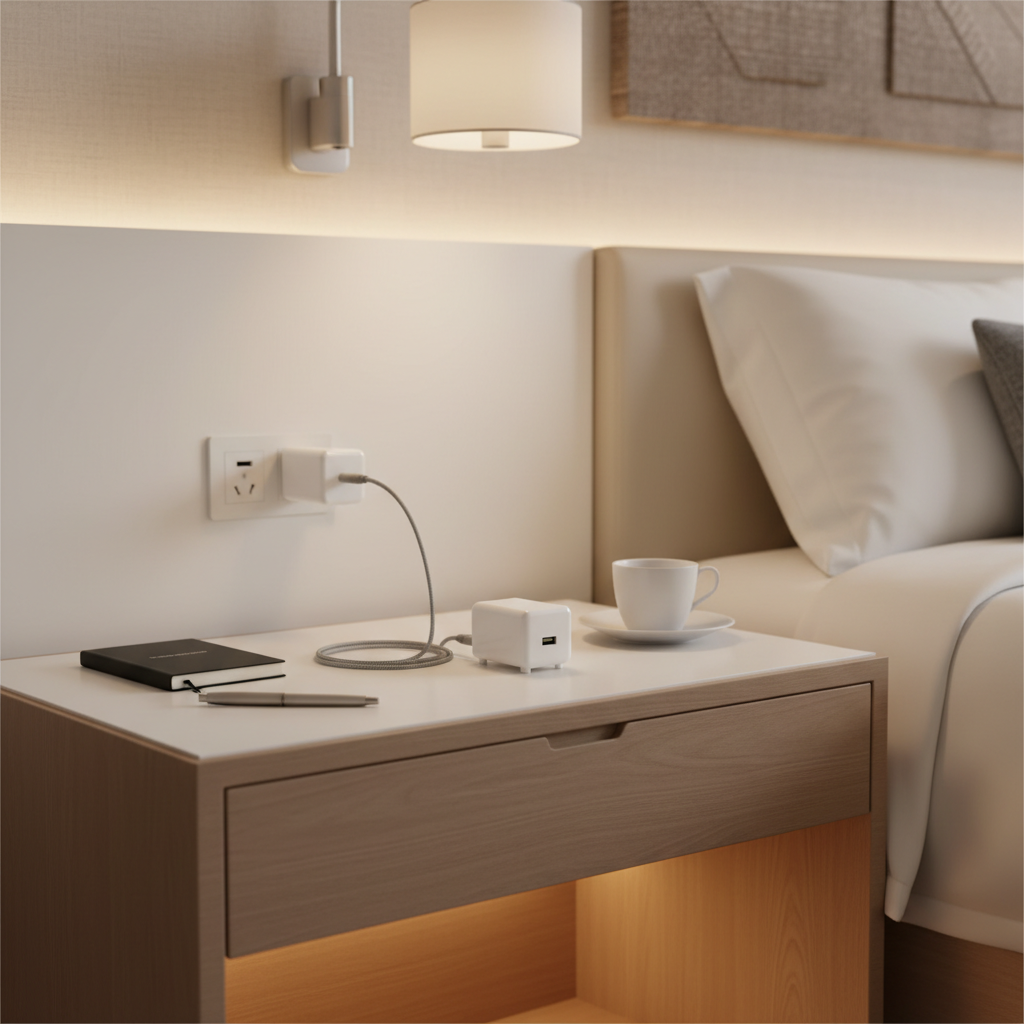 Travel safety scene showing a charger and adapter with adequate ventilation on a bedside table