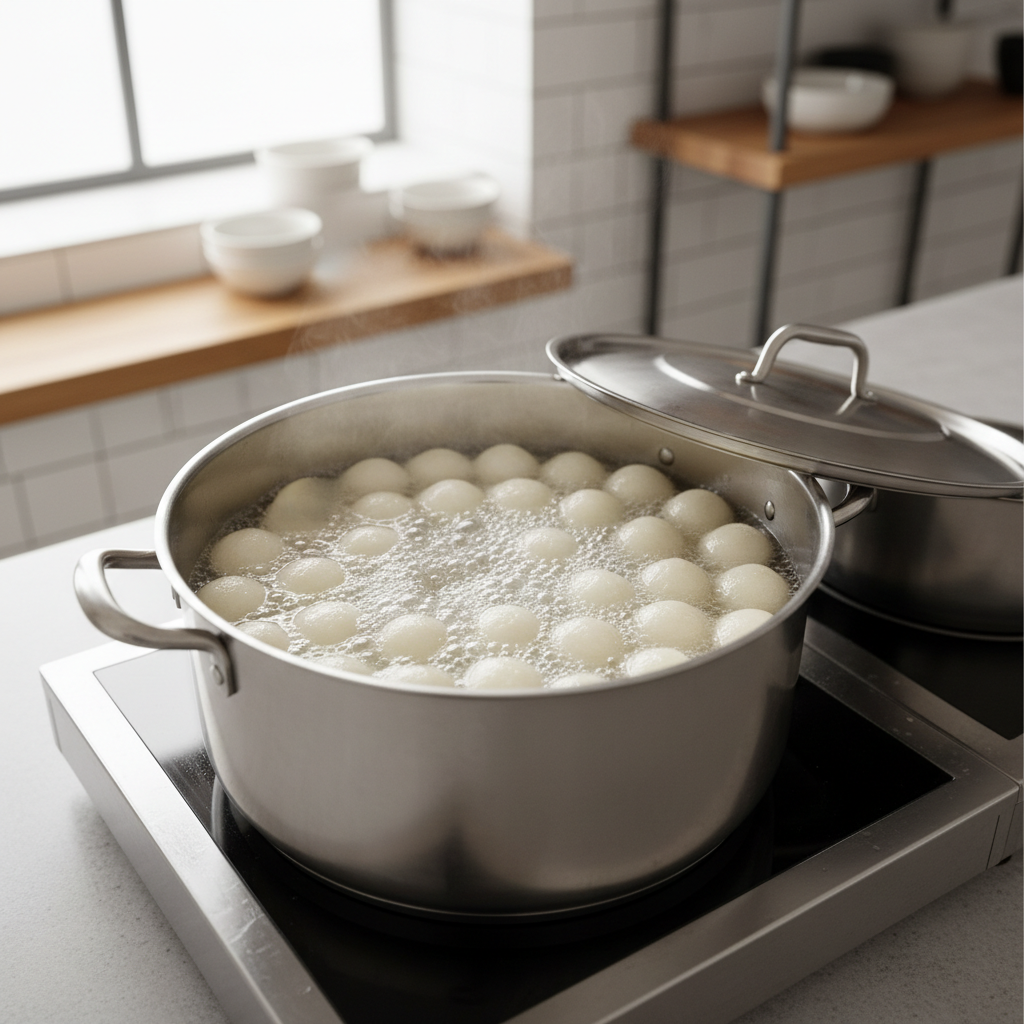 Rasgulla simmering in a wide pot of clear sugar syrup with lid nearby