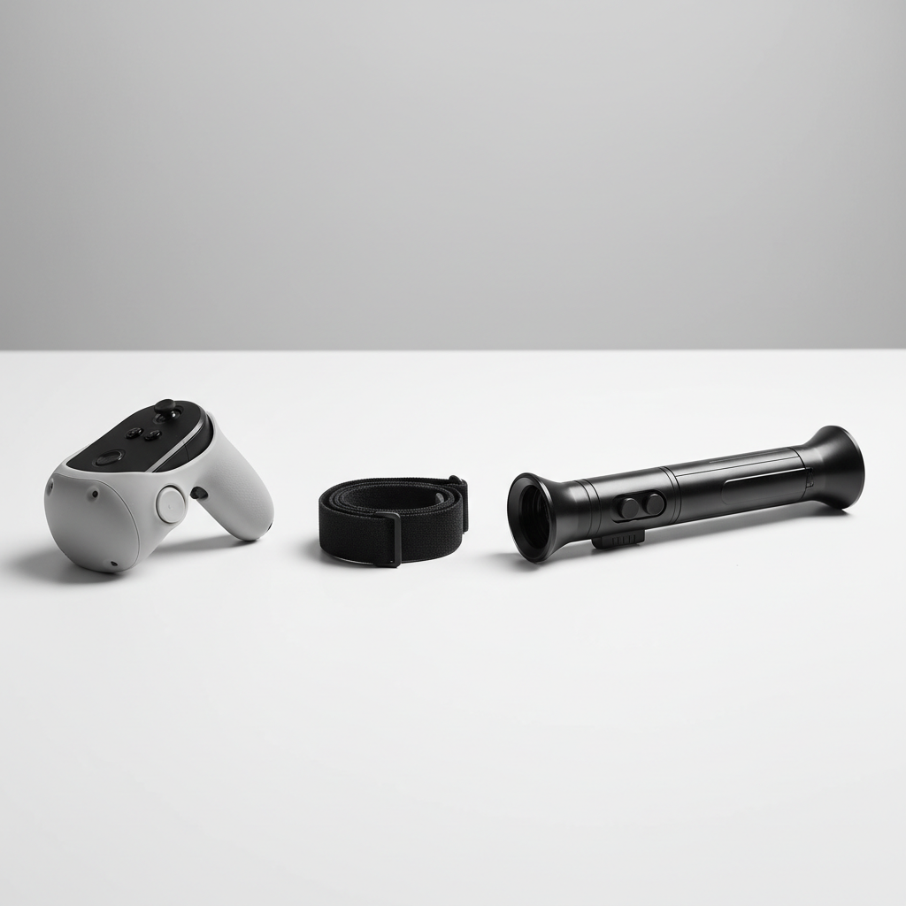 Comparison of VR controller grip cover, knuckle strap, and lightsaber hilt attachment on a clean tabletop