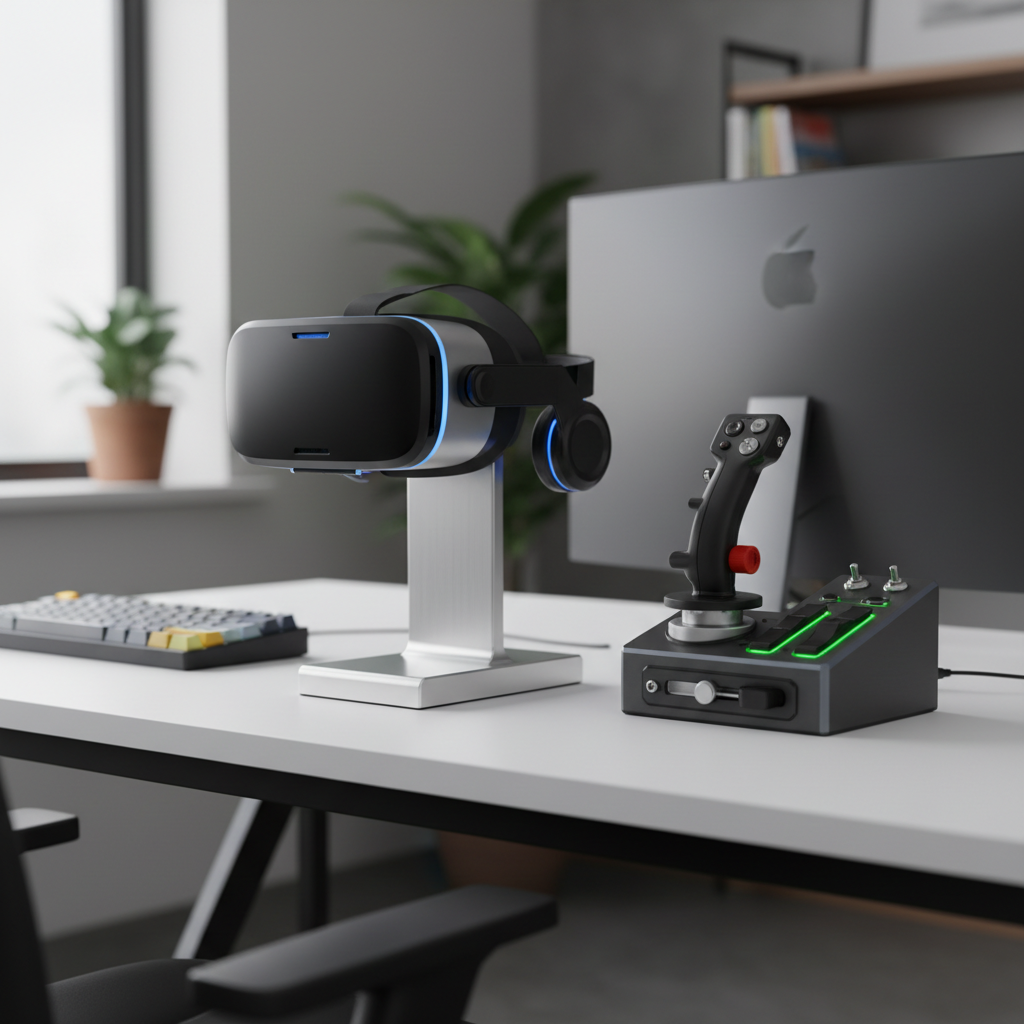 Seated VR tank sim setup with HOTAS-style controls and labeled key bindings