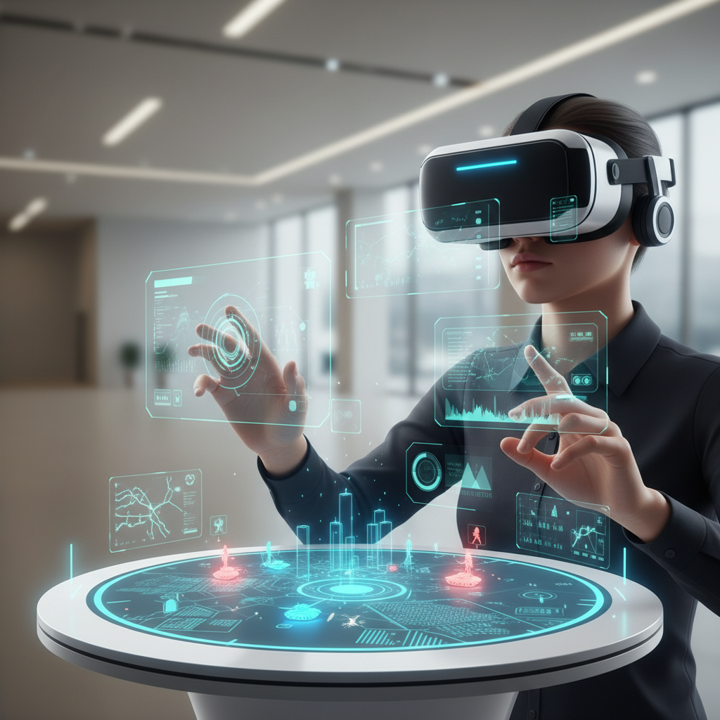 VR strategy game command table view with unit icons and headset UI