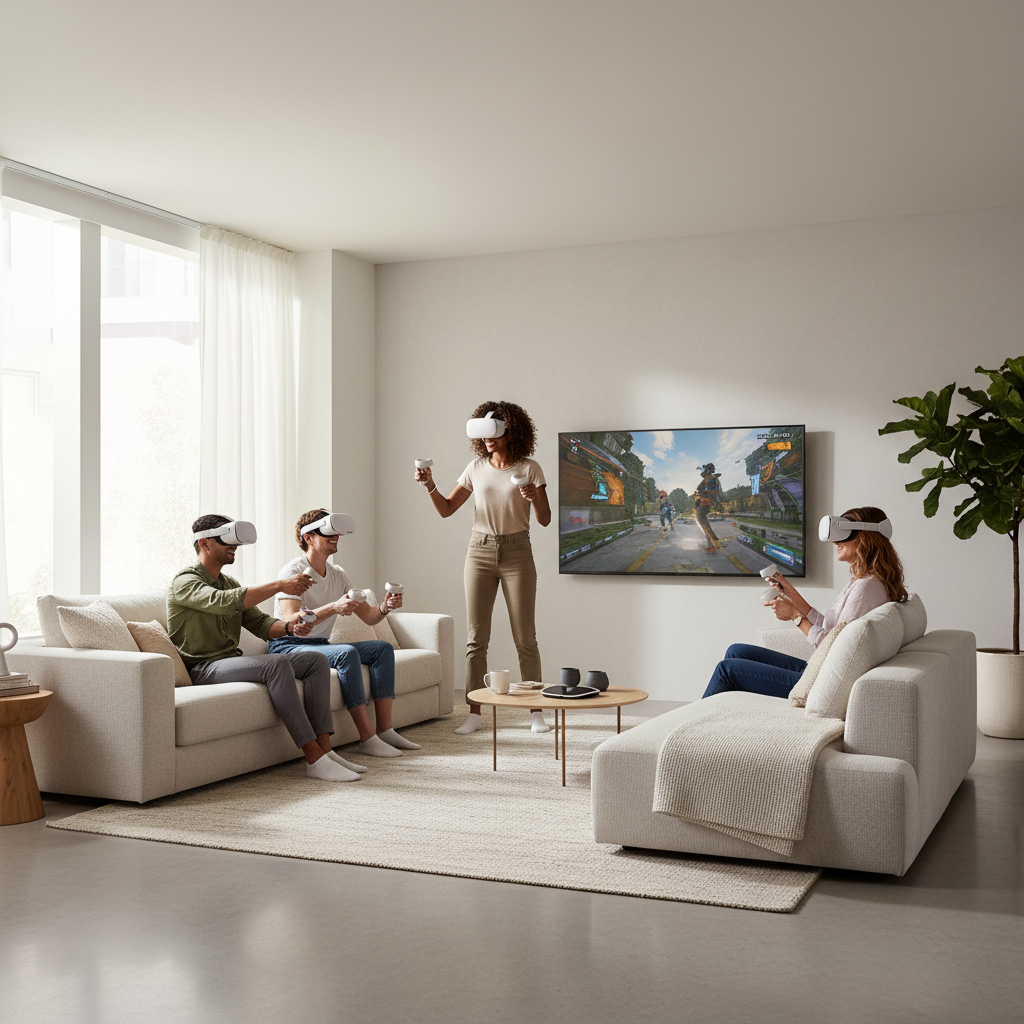 Friends playing multiplayer VR games together in a living room setup